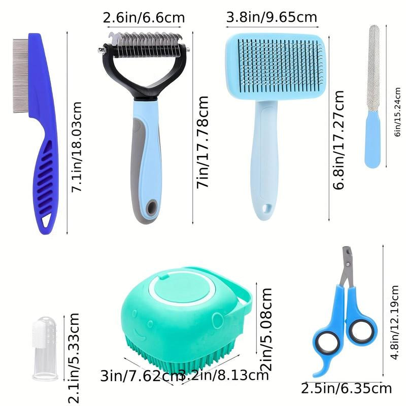 Pet Grooming Kit, 8 Counts/Set Pet Grooming Brush Set, Including Pet Nail Clipper & Scissors & Shampoo Brush & Hair Removal Brush & Silicone Toothbrush, Dog & Cat Grooming Supplies